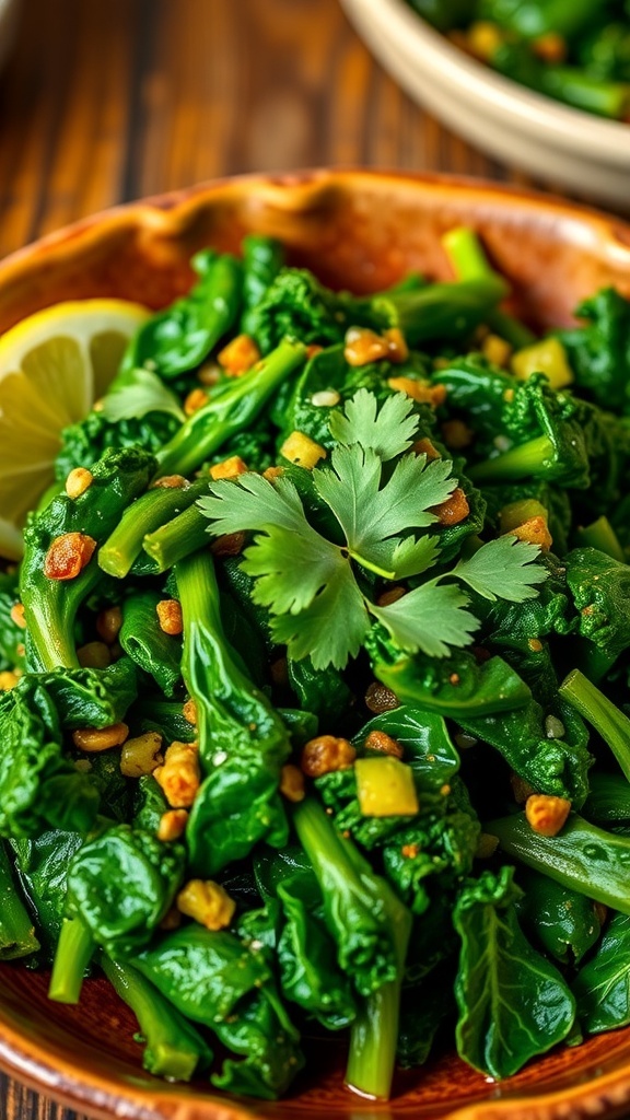 A colorful serving of Kale Jadu Ka Tor with sautéed kale and spices, garnished with cilantro on a rustic table.
